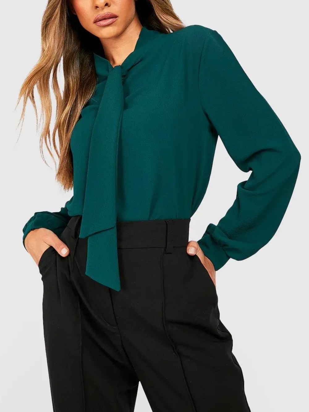 Tie-Neck Long Sleeve Blouse in Teal XS